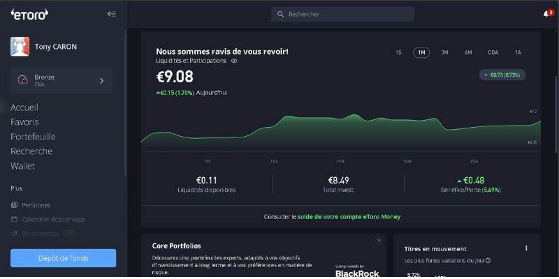Aperu du tableau de bord eToro