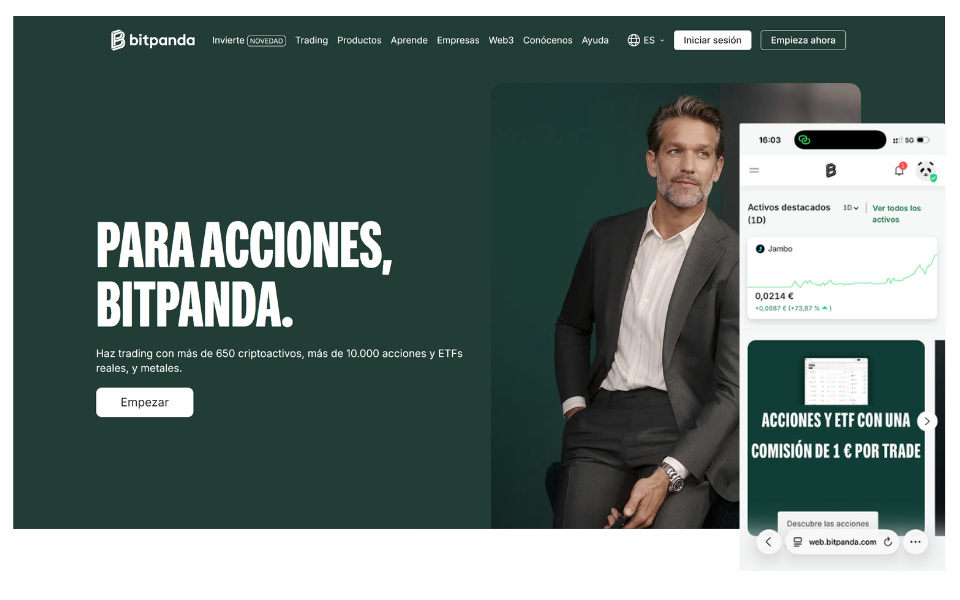 Captura de pantalla de Bitpanda: acciones y ETFs y app móvil